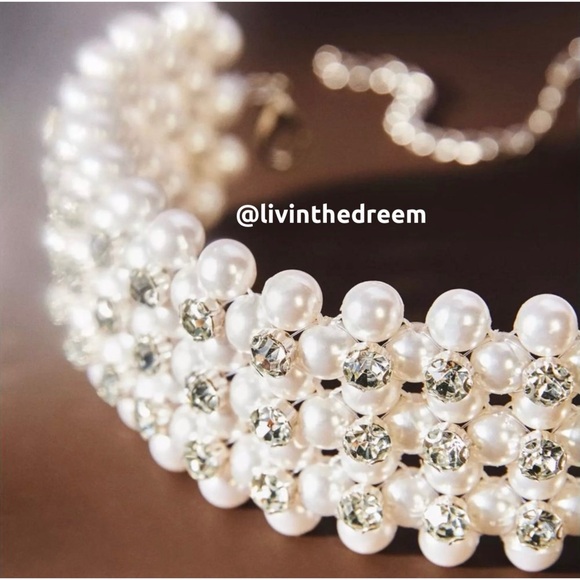 RETROFETE ROSEWOOD PEARL & RHINESTONE STATEMENT CHOKER $199 - Picture 2 of 12